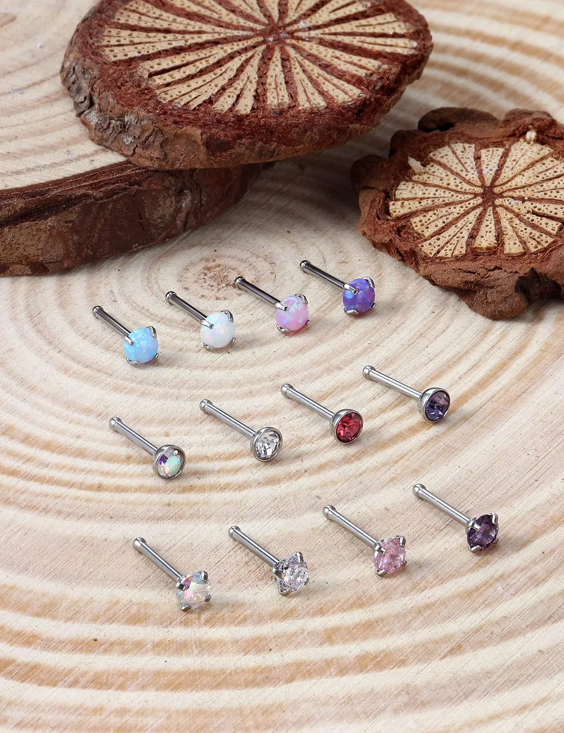 18G 20G 22G Opal Nose Rings Studs Surgical Steel Nose Nostril Piercing Jewelry for Women Men Opal CZ Size 1.5mm 2mm