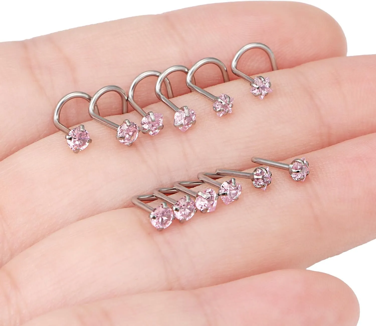 18G 20G Pink CZ Nose Rings Studs 316L Surgical Steel L Shaped Screw Hypoallergenic Nose Studs Shiny Cubic Zirconia Nostril Nose Piercing Jewelry for Women Men Silver