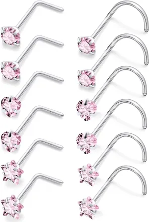 18G 20G Pink CZ Nose Rings Studs 316L Surgical Steel L Shaped Screw Hypoallergenic Nose Studs Shiny Cubic Zirconia Nostril Nose Piercing Jewelry for Women Men Silver