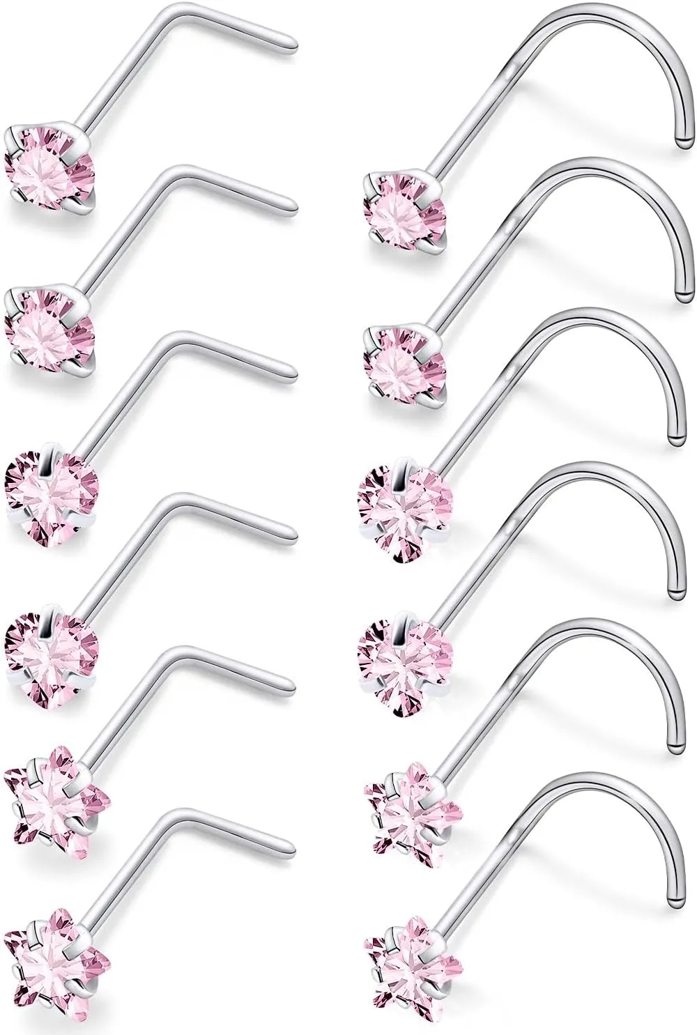 18G 20G Pink CZ Nose Rings Studs 316L Surgical Steel L Shaped Screw Hypoallergenic Nose Studs Shiny Cubic Zirconia Nostril Nose Piercing Jewelry for Women Men Silver