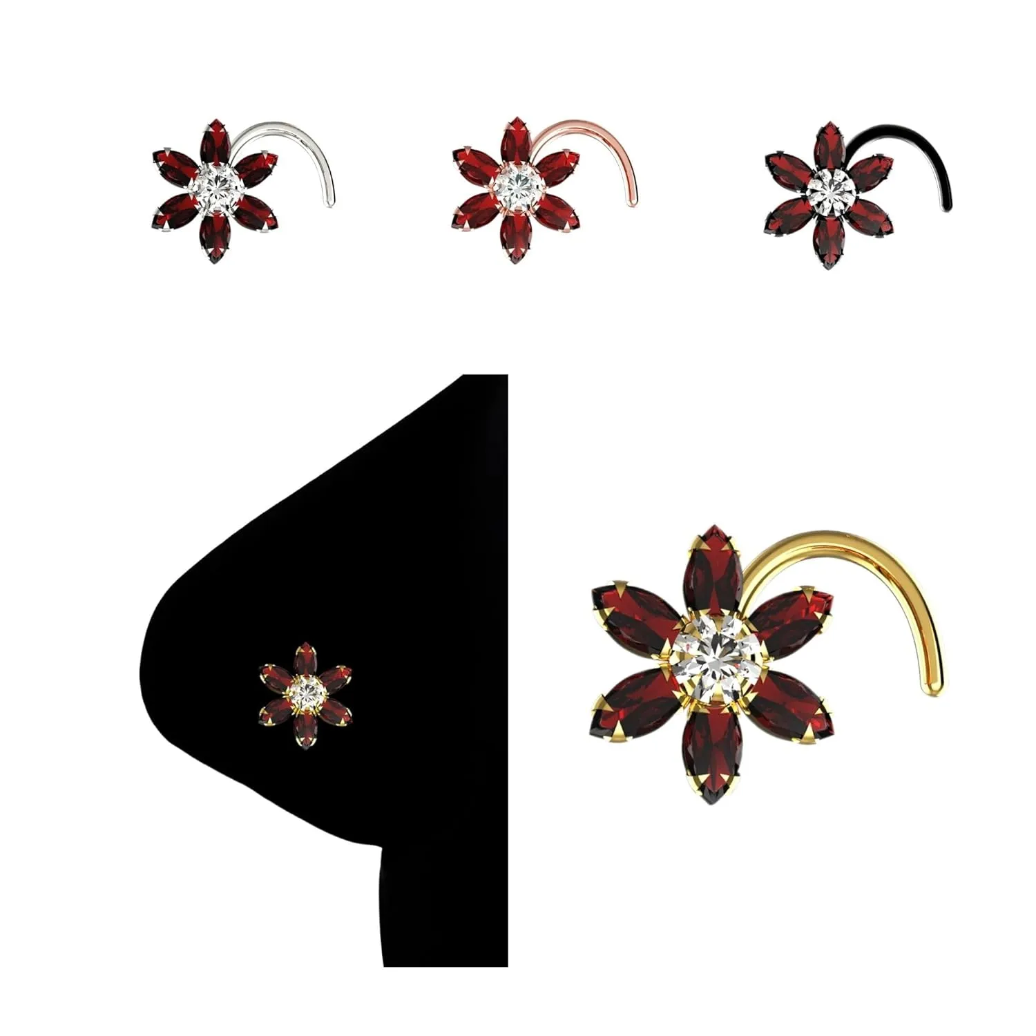18G Garnet Gems Nose Ring Floral Nose Stud Nose Jewelry Gold Nose Piercing Nose Screw