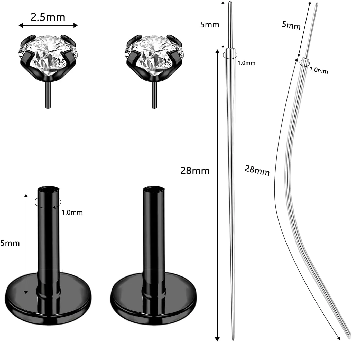 18G/20G Threadless Push in Nose Studs Surgical Steel Labret Piercing Jewelry for Tragus Monroe Lip Helix Cartilage Earrings Studs for Women Men, Black