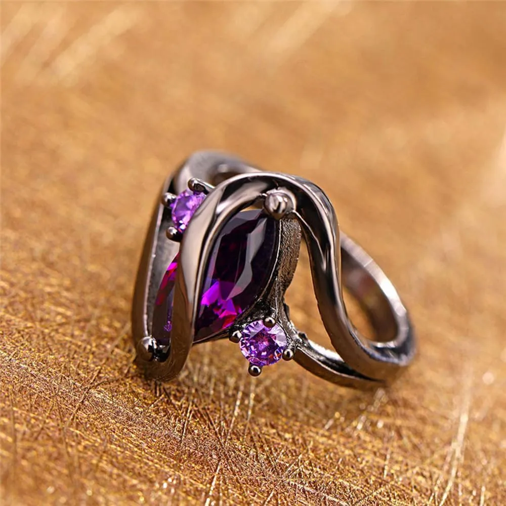 18k Black Gold Marquise Stone Crystal Ring for Women Natural Genuine Horse Eye Stone Gem Gemstone Ring Cocktail Punk Biker Antique Crystal Boho Ring Jewelry(10)