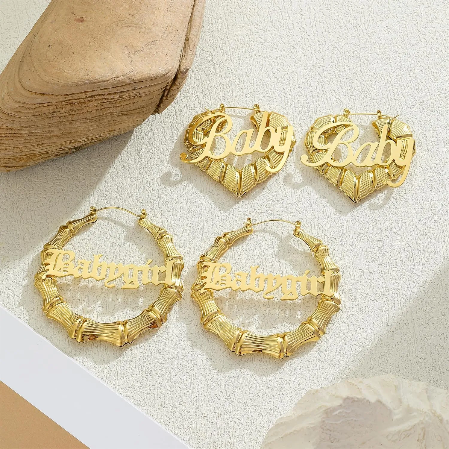 18K Gold Plated Bamboo Hoop Earrings for Women  Large Round Heart Design, 80/90s Ghetto Door Knocker Style, Trendy Hip Hop Jewelry Accessories