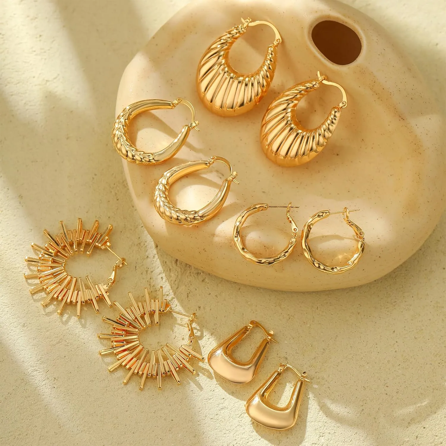 18K Gold Plated Chunky Hoops Earring Women Hoop Earrings Lightweight Daily Jewelry