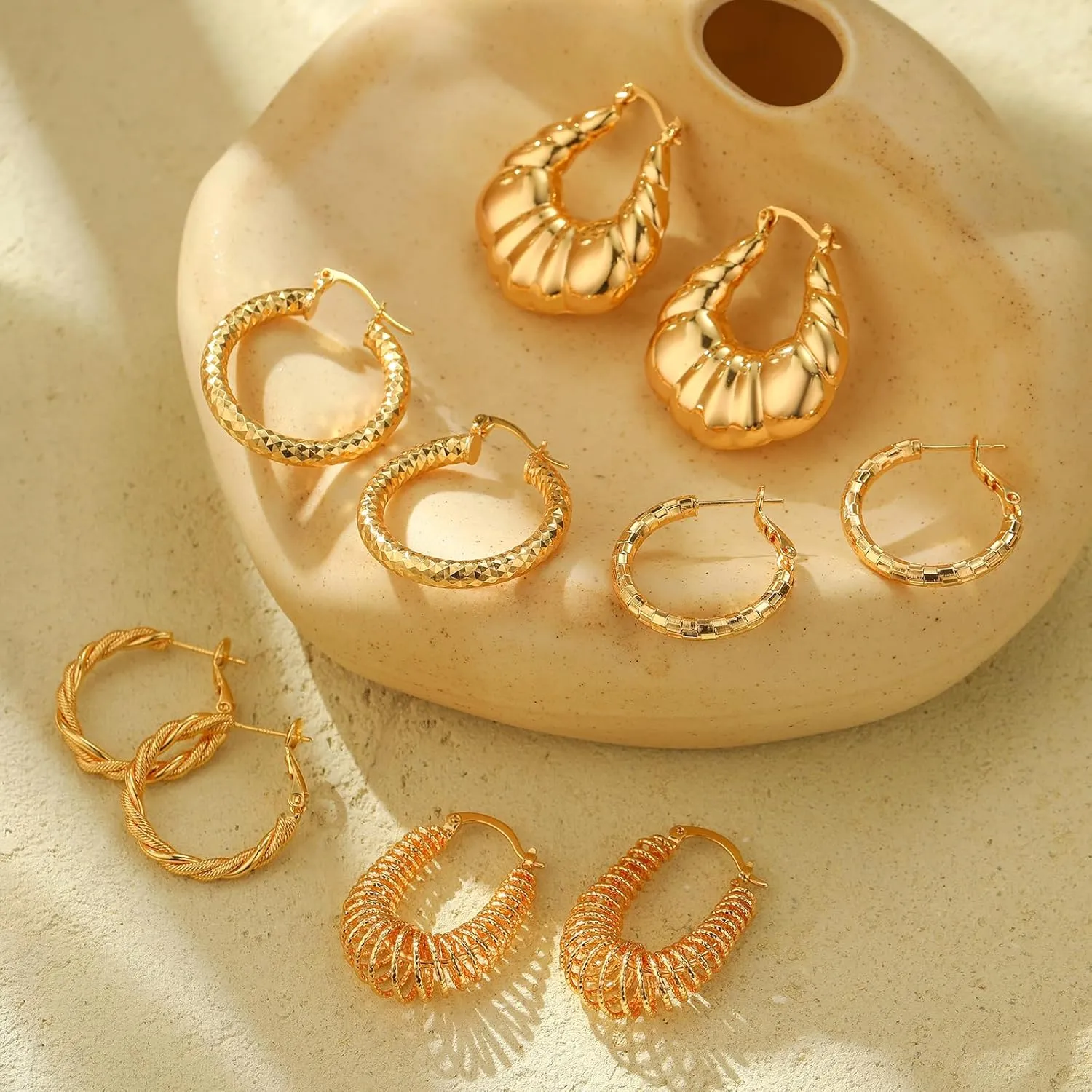 18K Gold Plated Chunky Hoops Earring Women Hoop Earrings Lightweight Daily Jewelry
