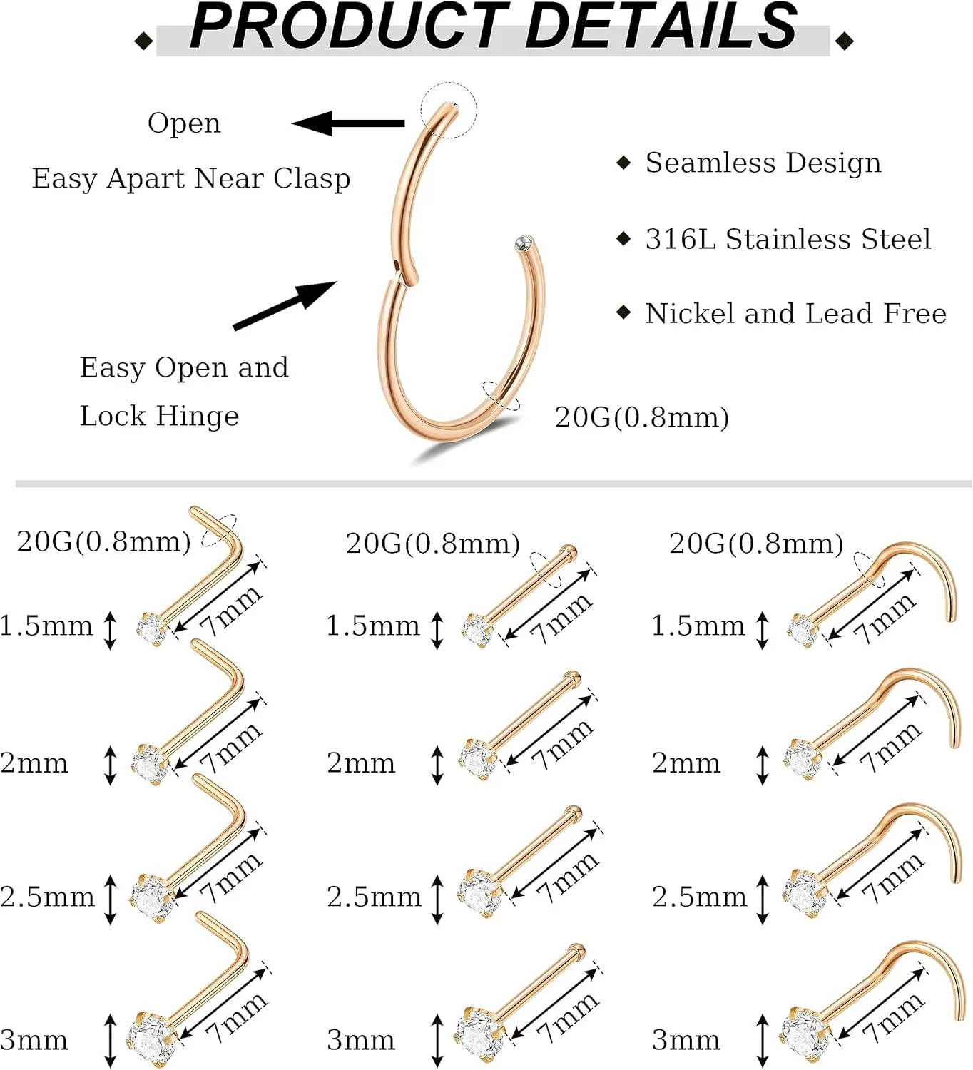 18PCS 20G 316L Stainless Steel Nose Rings for Women Men Clicker Hinged Nose Rings Hoops CZ Nose Studs Nose Piercing Jewelry