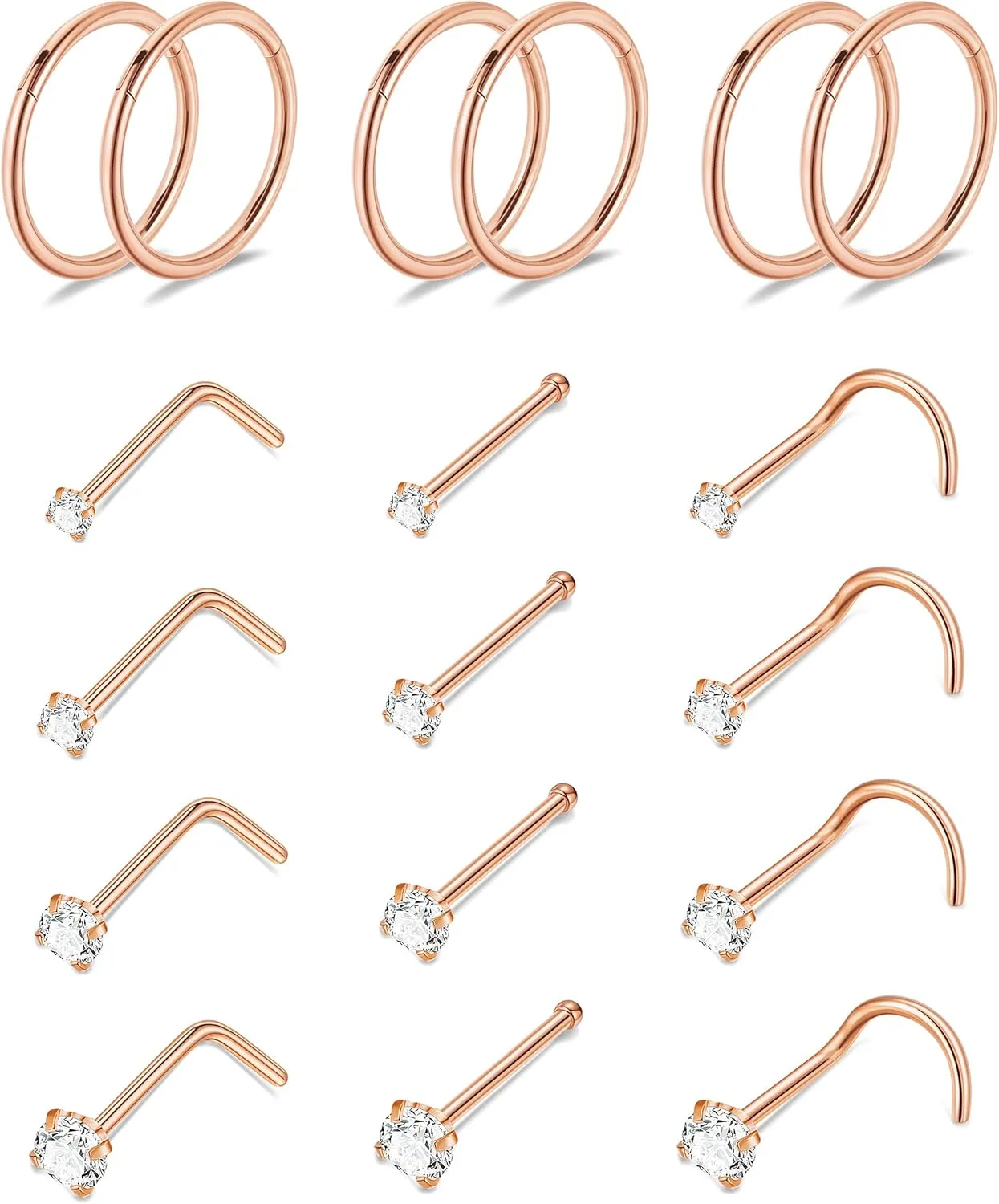 18PCS 20G 316L Stainless Steel Nose Rings for Women Men Clicker Hinged Nose Rings Hoops CZ Nose Studs Nose Piercing Jewelry