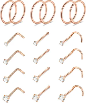 18PCS 20G 316L Stainless Steel Nose Rings for Women Men Clicker Hinged Nose Rings Hoops CZ Nose Studs Nose Piercing Jewelry