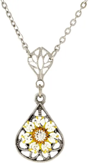 1928 Jewelry Flower Crystal Cluster Teardrop Filigree Pendant Necklace For Women 16"   3" Extender