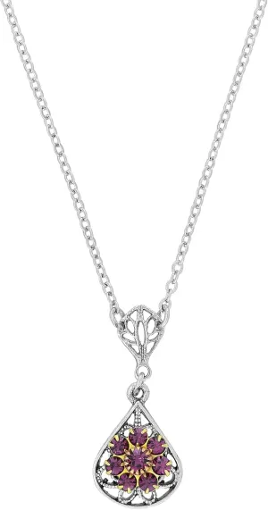 1928 Jewelry Flower Crystal Cluster Teardrop Filigree Pendant Necklace For Women 16"   3" Extender