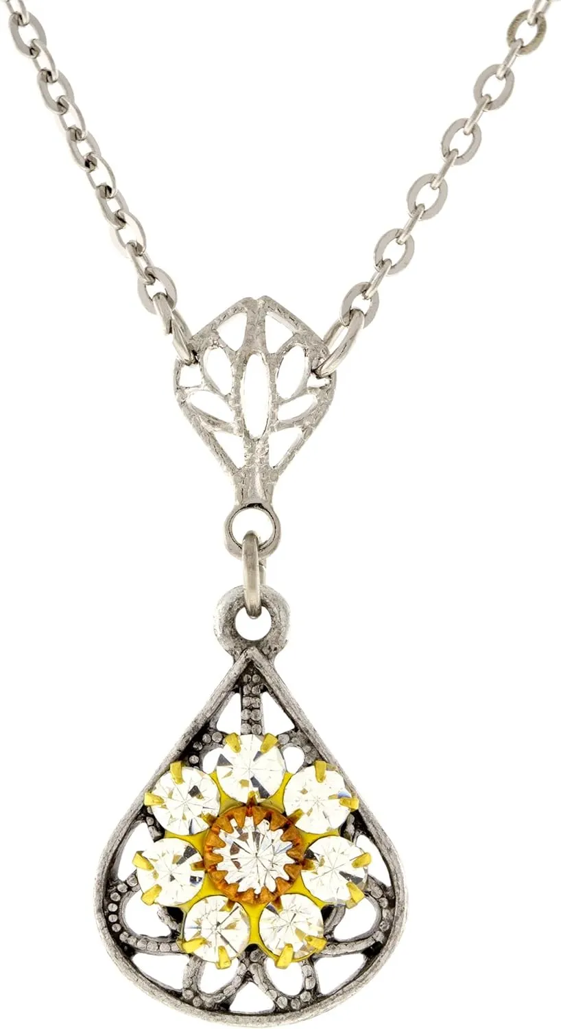 1928 Jewelry Flower Crystal Cluster Teardrop Filigree Pendant Necklace For Women 16"   3" Extender