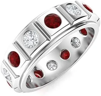 2 CT Round Shape Simulated Gemstone and White Diamond Bezel Set Wedding Engagement Band Ring in 14K White Gold Plated 925 Sterling Silver Gift for Mens