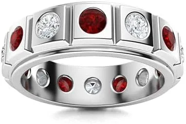 2 CT Round Shape Simulated Gemstone and White Diamond Bezel Set Wedding Engagement Band Ring in 14K White Gold Plated 925 Sterling Silver Gift for Mens