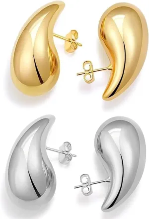 2 Pair Bottega Teardrop gold hoop Earrings for Women,Gold/Silver Chunky Hoop Earring Lightweight Teardrop Design | Hypoallergenic Earring Set,Big Drop & Dangle Trendy Hoop Earrings
