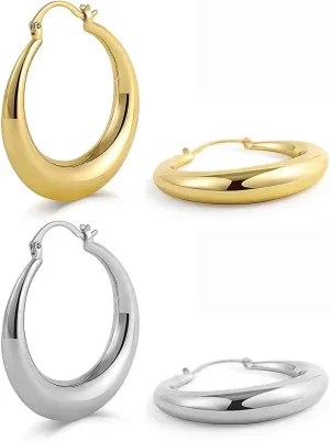 2 Pairs Gold/Silver Hoop Earrings For Women Set Trendy,14K Plated Gold Chunky Huggie Hoop Earings Pack,Oval Twisted Statement Silver Hoops,Fashion Jewelry Gift