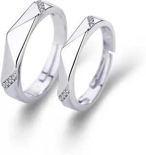 2 PCS Promise Rings for Couples, 925 Sterling Silver Plated White CZ Rhinestone Halo Diamond Cut Adjustable Matching Rings for Couples