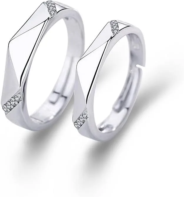 2 PCS Promise Rings for Couples, 925 Sterling Silver Plated White CZ Rhinestone Halo Diamond Cut Adjustable Matching Rings for Couples