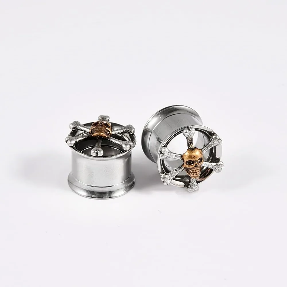 2 PCS Stainless Steel Ear Tunnels & Gauges - Gothic Skull & Lotus Double Horn Design, Black Electroplated Hypoallergenic Jewelry for Earlobe/Cartilage Piercing & Stretching (Men Women)