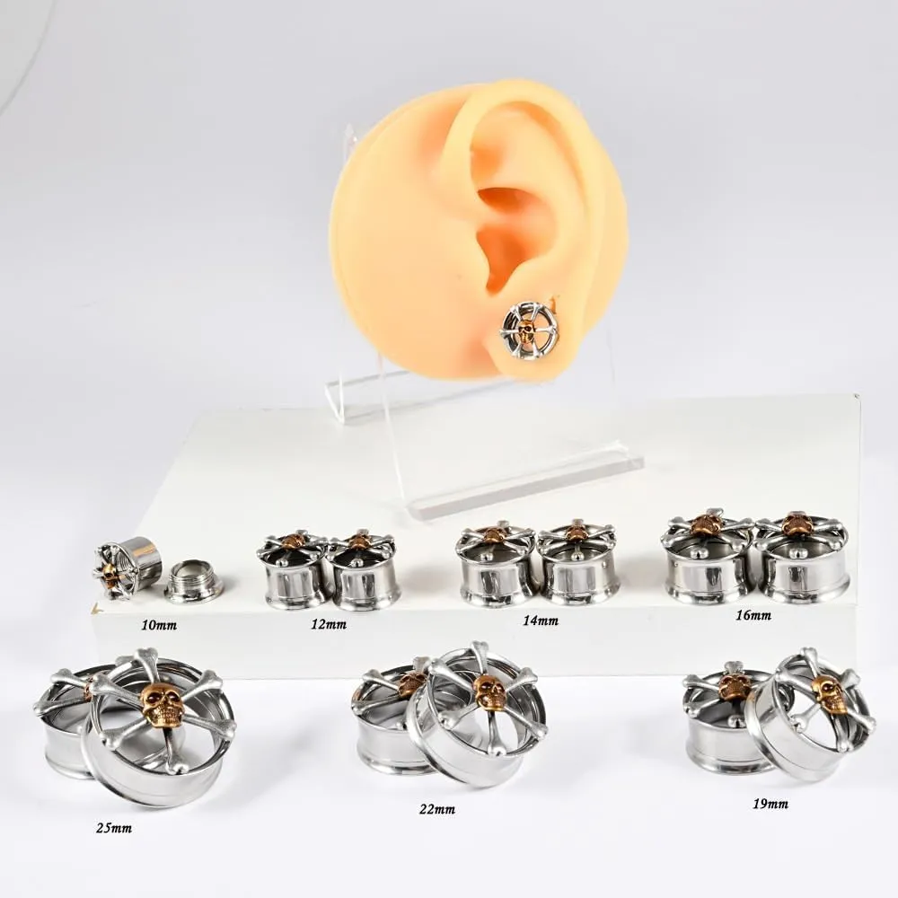 2 PCS Stainless Steel Ear Tunnels & Gauges - Gothic Skull & Lotus Double Horn Design, Black Electroplated Hypoallergenic Jewelry for Earlobe/Cartilage Piercing & Stretching (Men Women)