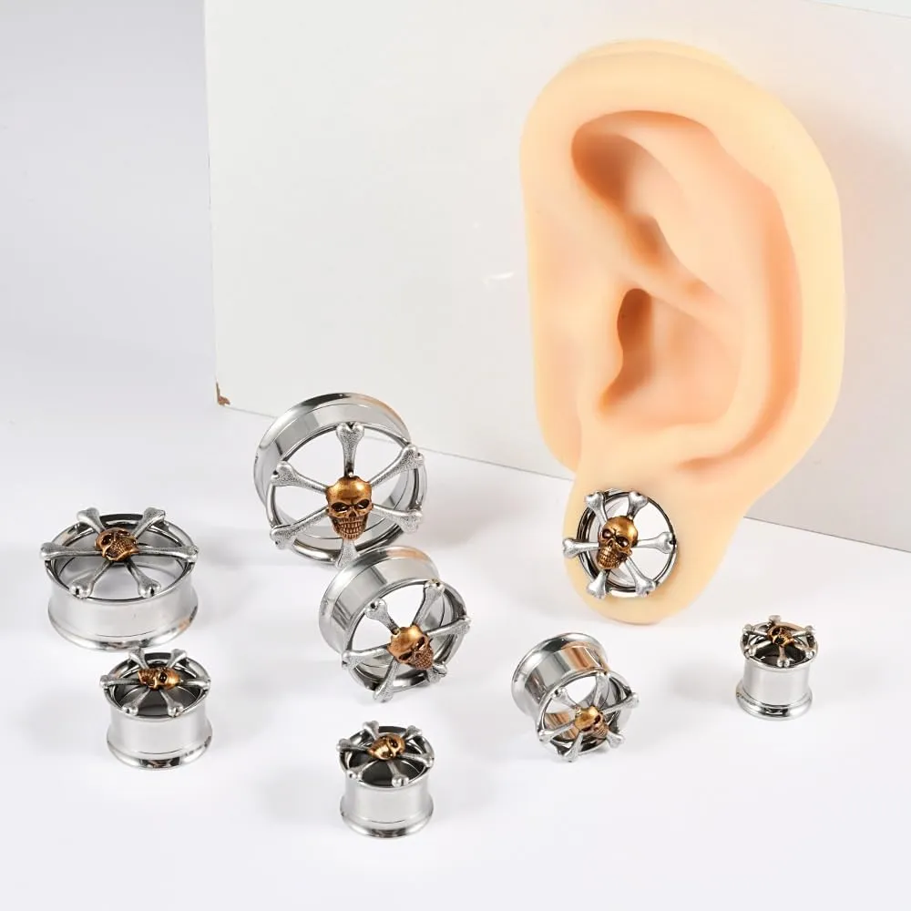 2 PCS Stainless Steel Ear Tunnels & Gauges - Gothic Skull & Lotus Double Horn Design, Black Electroplated Hypoallergenic Jewelry for Earlobe/Cartilage Piercing & Stretching (Men Women)