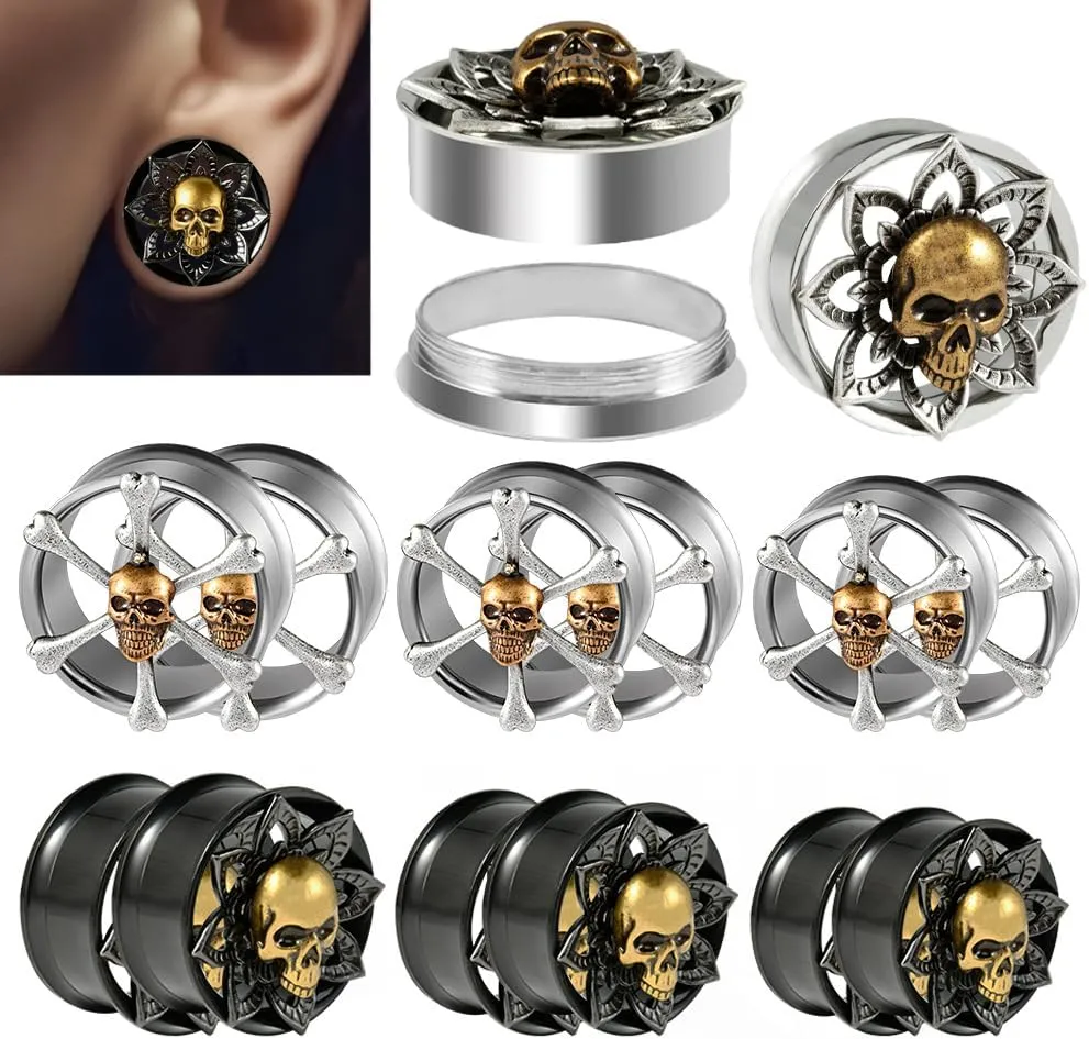 2 PCS Stainless Steel Ear Tunnels & Gauges - Gothic Skull & Lotus Double Horn Design, Black Electroplated Hypoallergenic Jewelry for Earlobe/Cartilage Piercing & Stretching (Men Women)