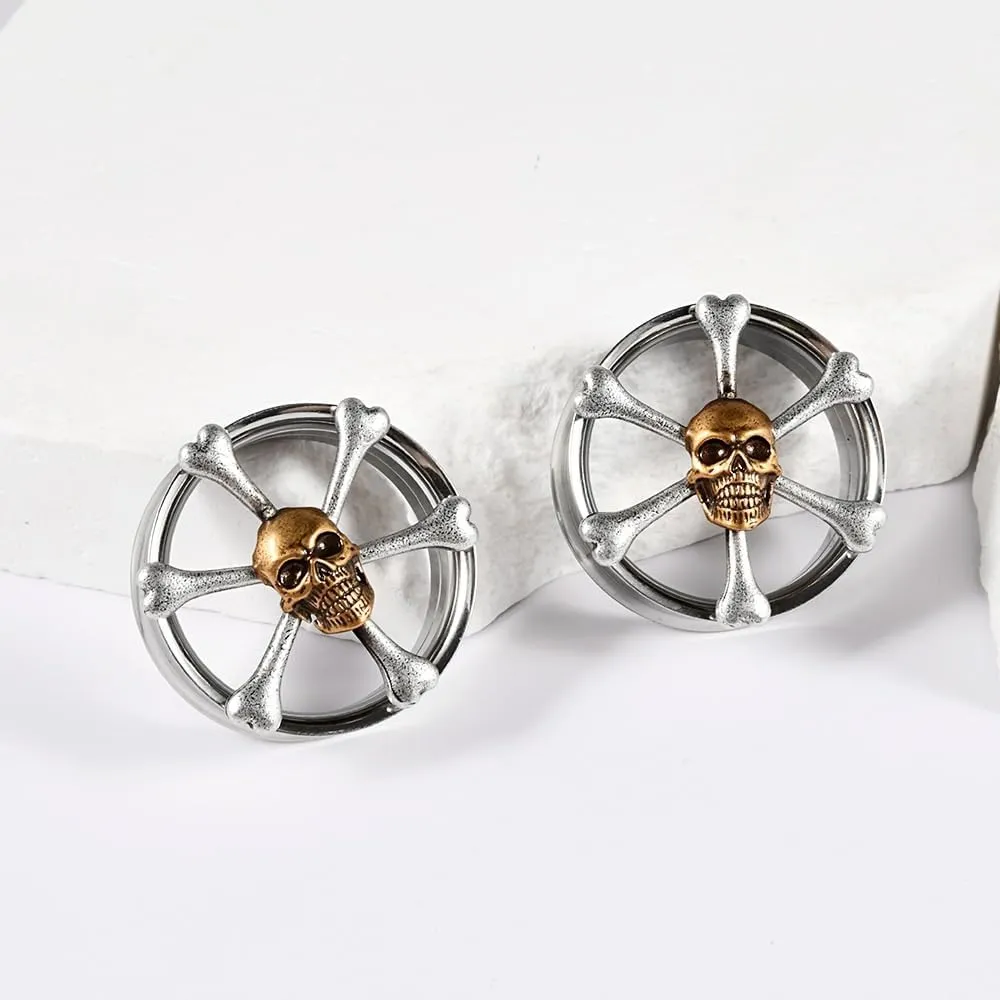 2 PCS Stainless Steel Ear Tunnels & Gauges - Gothic Skull & Lotus Double Horn Design, Black Electroplated Hypoallergenic Jewelry for Earlobe/Cartilage Piercing & Stretching (Men Women)