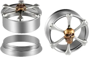 2 PCS Stainless Steel Ear Tunnels & Gauges - Gothic Skull & Lotus Double Horn Design, Black Electroplated Hypoallergenic Jewelry for Earlobe/Cartilage Piercing & Stretching (Men Women)