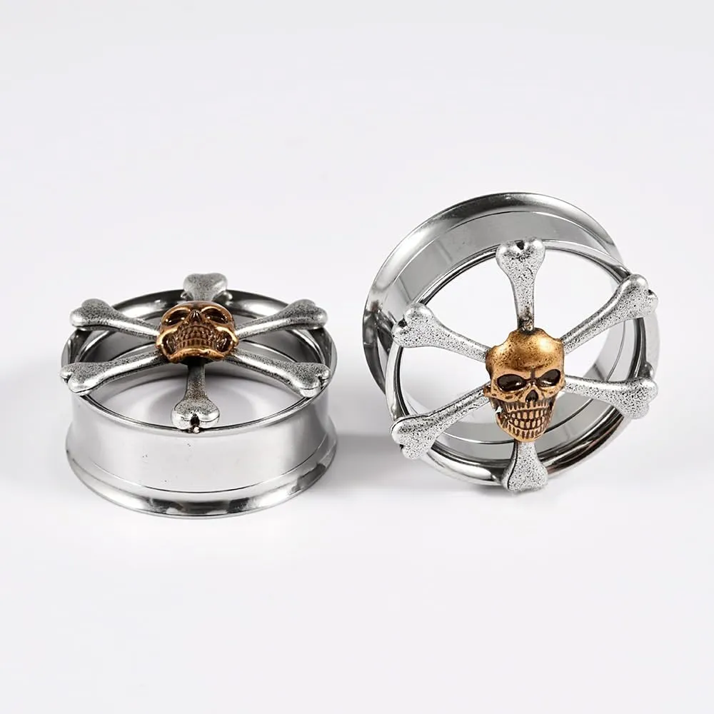 2 PCS Stainless Steel Ear Tunnels & Gauges - Gothic Skull & Lotus Double Horn Design, Black Electroplated Hypoallergenic Jewelry for Earlobe/Cartilage Piercing & Stretching (Men Women)