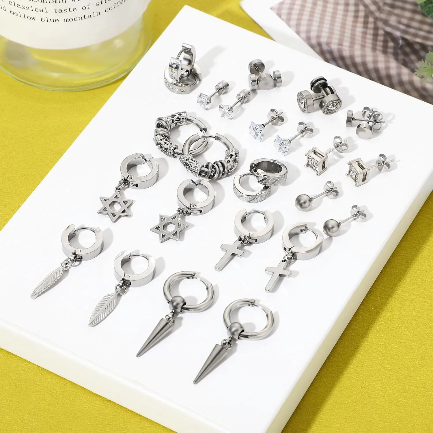 20 Pairs Stainless Steel Stud Earrings for Men Hypoallergenic Earring Unisex Punk Earring Hoop Hinged Dangle Cross Earrings for Men Women