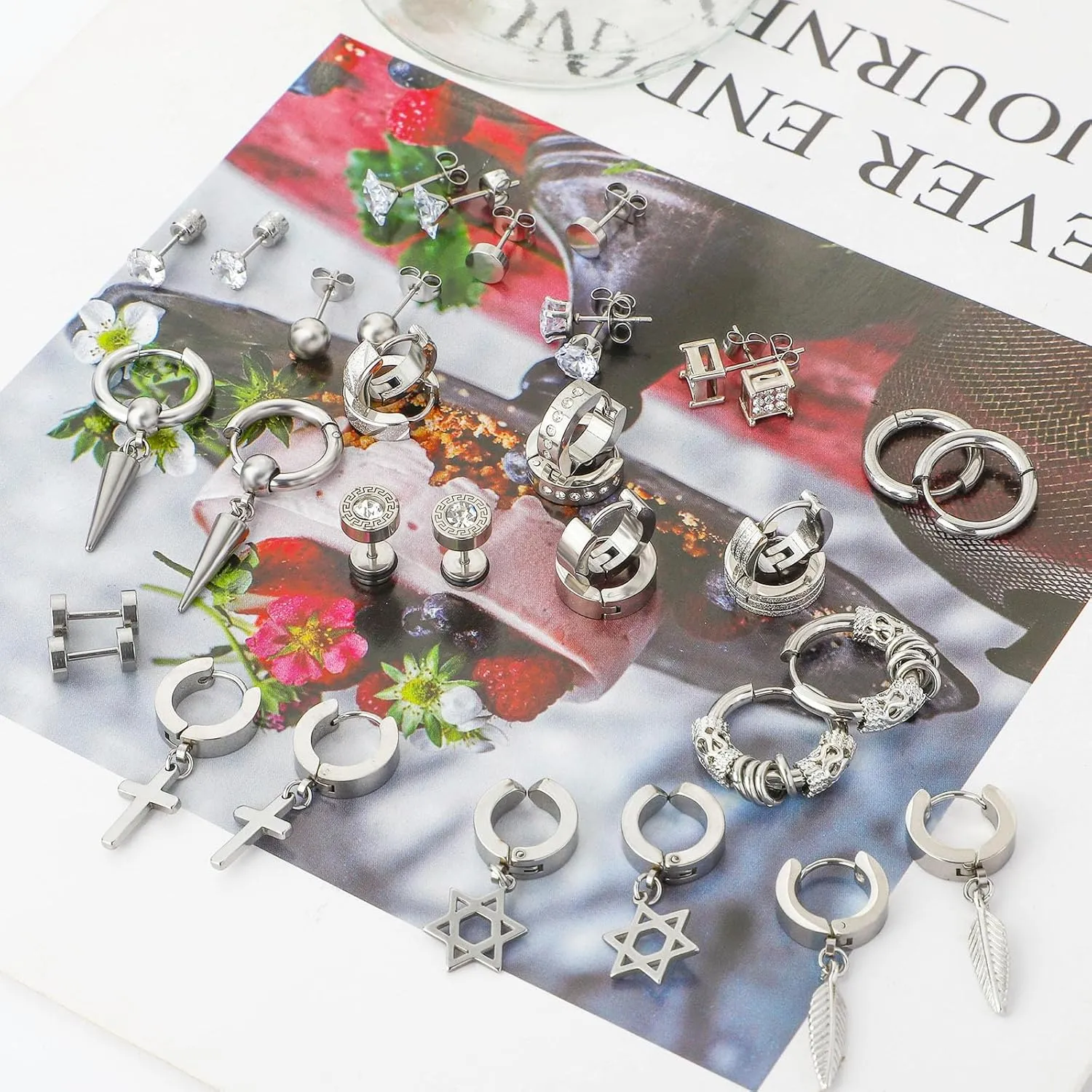 20 Pairs Stainless Steel Stud Earrings for Men Hypoallergenic Earring Unisex Punk Earring Hoop Hinged Dangle Cross Earrings for Men Women