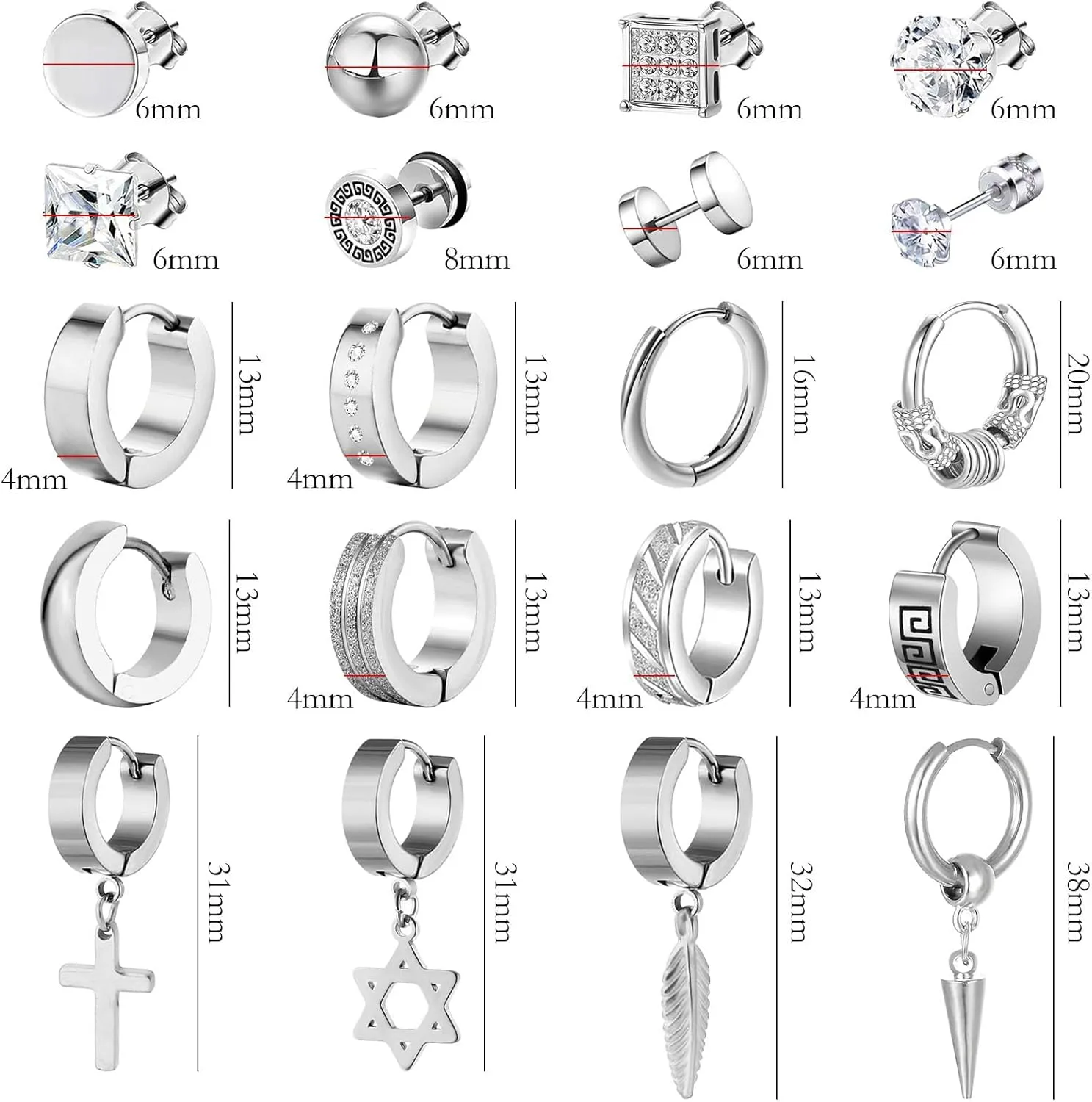 20 Pairs Stainless Steel Stud Earrings for Men Hypoallergenic Earring Unisex Punk Earring Hoop Hinged Dangle Cross Earrings for Men Women