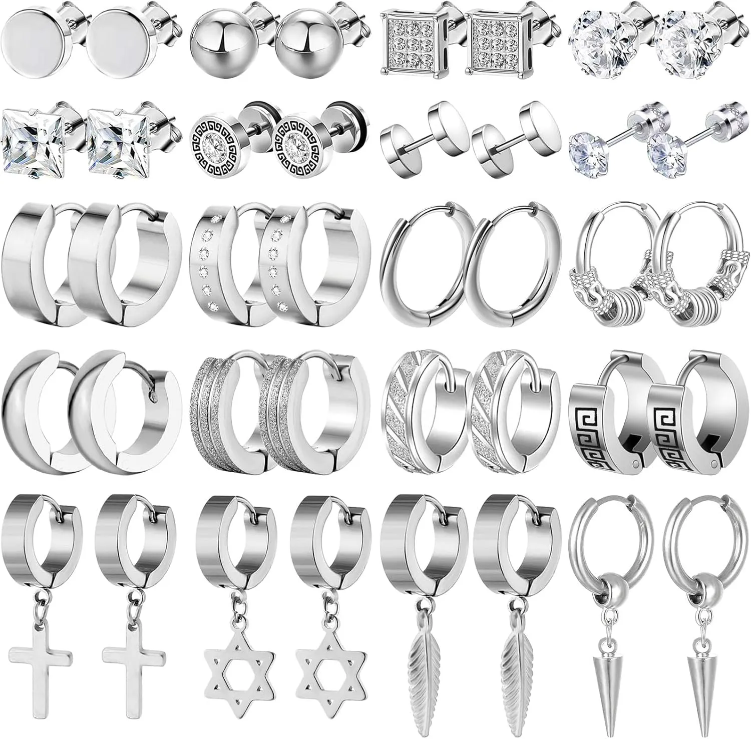 20 Pairs Stainless Steel Stud Earrings for Men Hypoallergenic Earring Unisex Punk Earring Hoop Hinged Dangle Cross Earrings for Men Women
