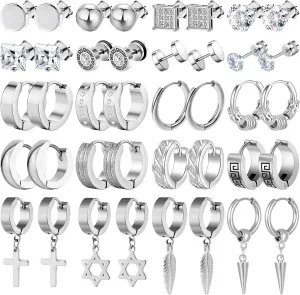 20 Pairs Stainless Steel Stud Earrings for Men Hypoallergenic Earring Unisex Punk Earring Hoop Hinged Dangle Cross Earrings for Men Women