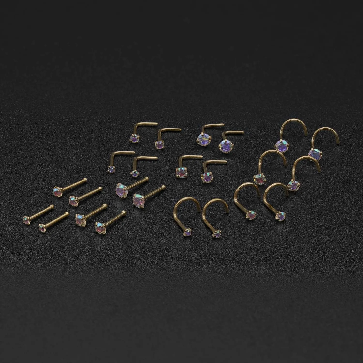 20G 18G Nose Rings Studs Stainless Steel Nose Rings for Women Men Round CZ Nose Bone L Shaped Screw Nose Stud Ring Set Nostril Piercing Jewelry Silver Gold Black