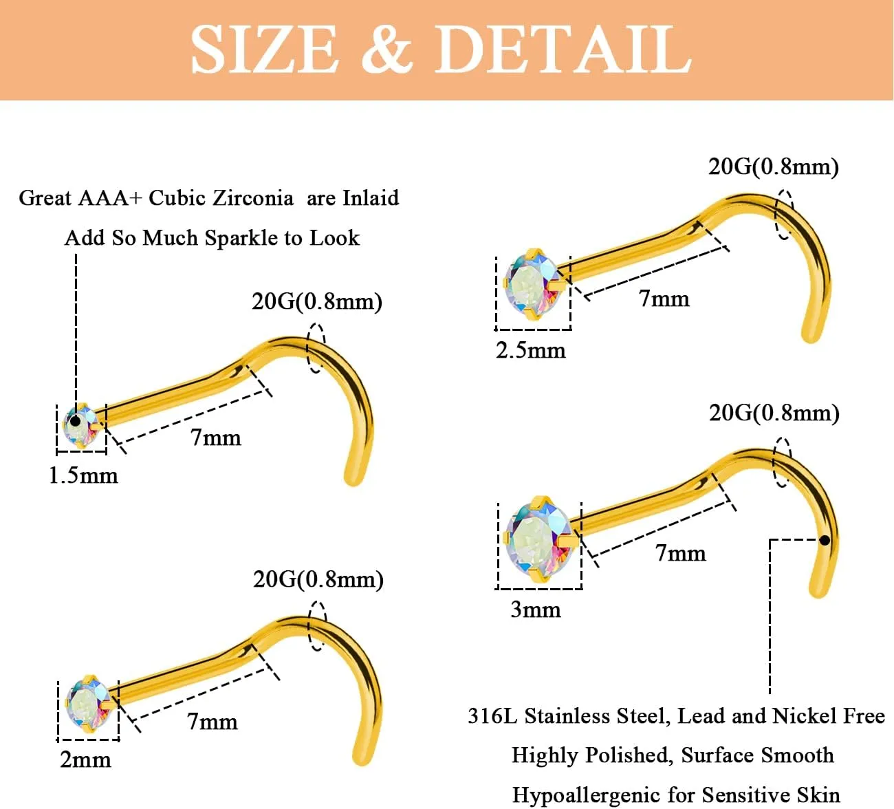20G 18G Nose Rings Studs Stainless Steel Nose Rings for Women Men Round CZ Nose Bone L Shaped Screw Nose Stud Ring Set Nostril Piercing Jewelry Silver Gold Black