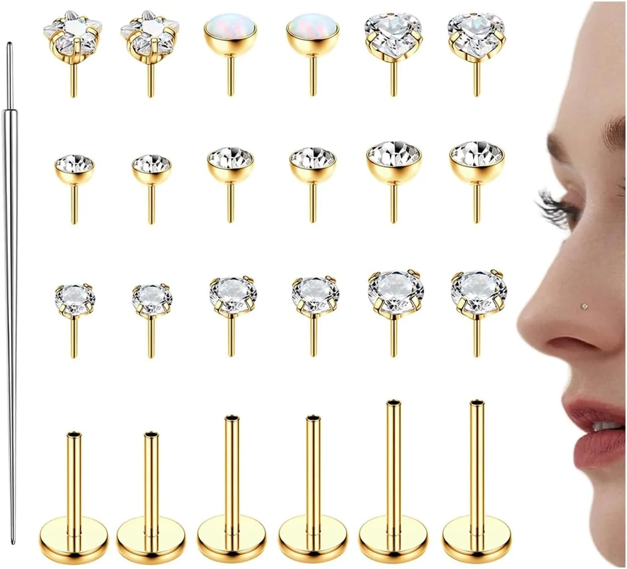 20G 18G Threadless Nose Studs for Women Men 316L Stainless Steel Monroe Lip Rings Labret Stud Push In Nose Ring Nostril Piecing Jewelry Opal CZ Flat Back Nose Stud 1.5mm 2mm 3mm