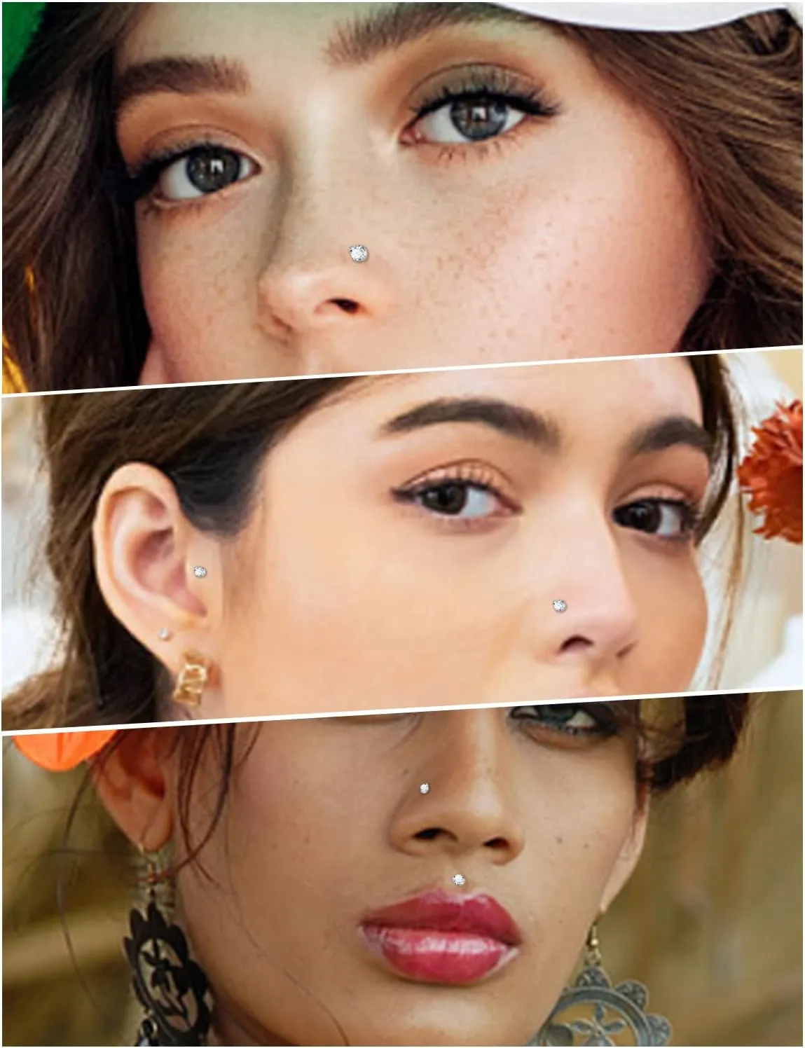 20G 18G Threadless Push in Nose Rings Studs Surgical Steel Pushin Nose Stud 3mm Round Crystal Nose Piercing Jewelry for Women Men
