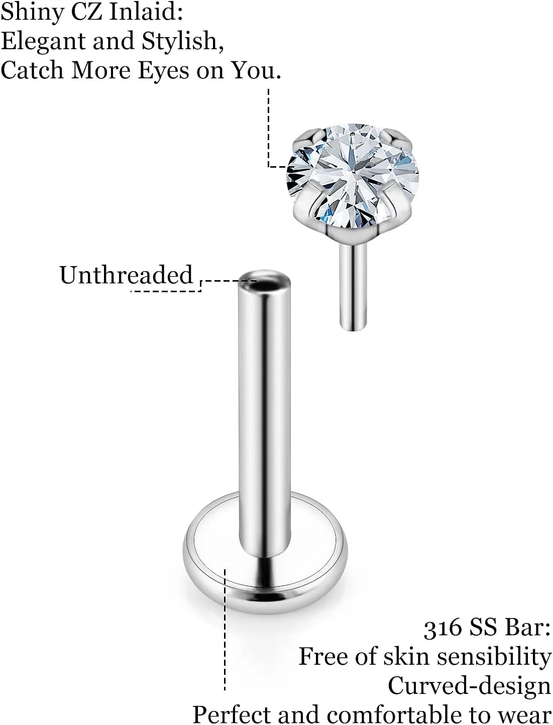 20G 18G Threadless Push in Nose Rings Studs Surgical Steel Pushin Nose Stud 3mm Round Crystal Nose Piercing Jewelry for Women Men