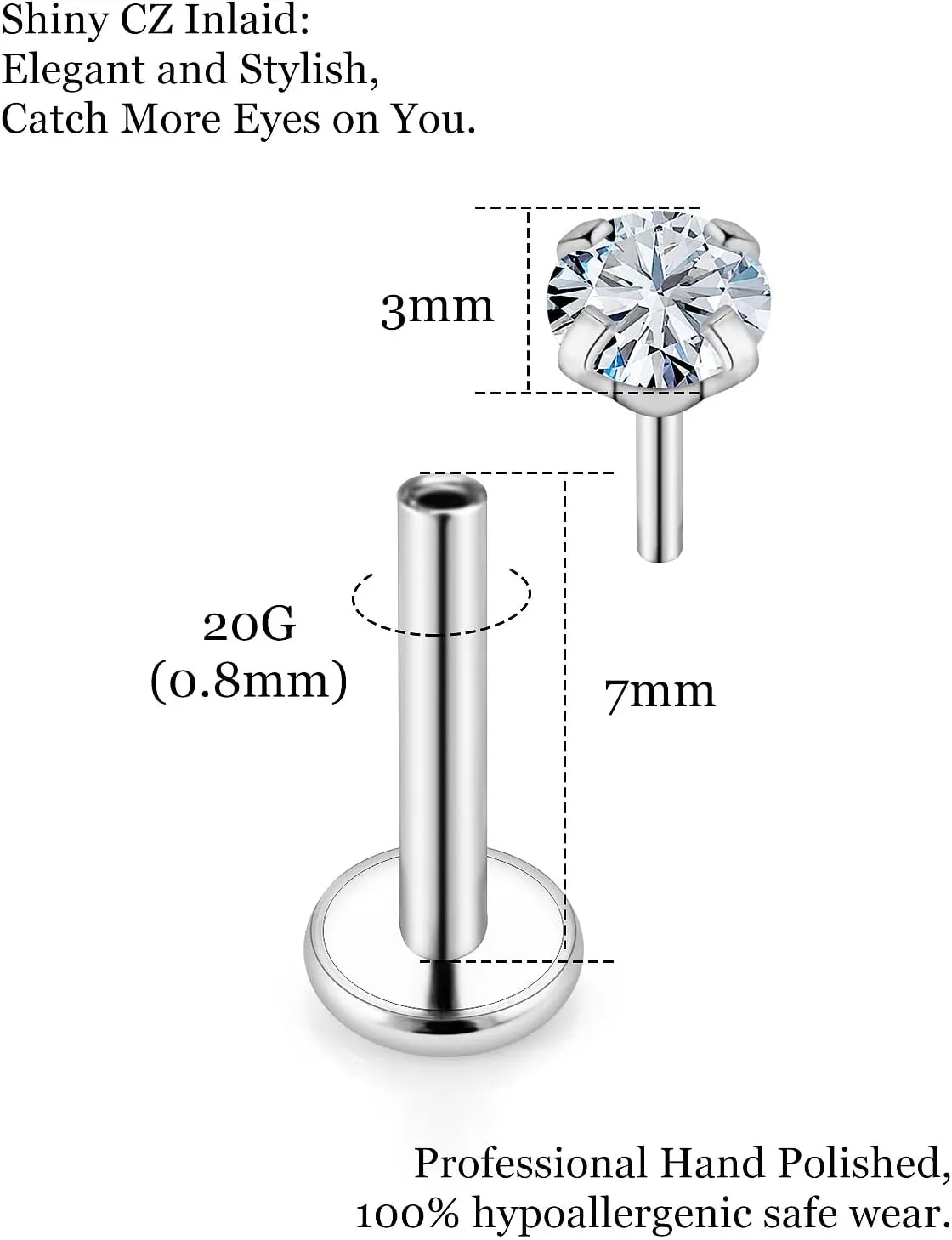 20G 18G Threadless Push in Nose Rings Studs Surgical Steel Pushin Nose Stud 3mm Round Crystal Nose Piercing Jewelry for Women Men