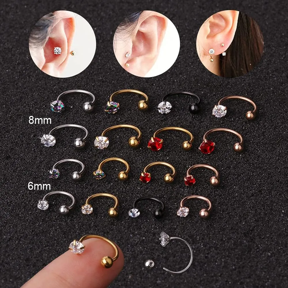 20g 4 Prong Round Cut Cubic Zirconia Stud Post Small Huggie Hoop Earrings Cartilage Tragus Helix Tiny Half Open Hoops Screw Back Stainless Steel Nose Rings Piercing Hypoallergenic for Women Men