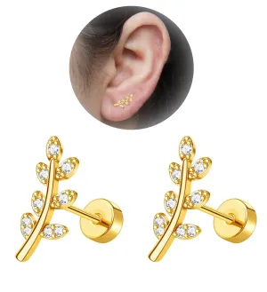 20G Cartilage Earrings for Women 14K Gold Stainless Steel Flat Back Cartilage Stud Earrings for Sensitive Ear Leaf Opal CZ Handmade Helix Conch Piercing Jewelry Gold Leaf