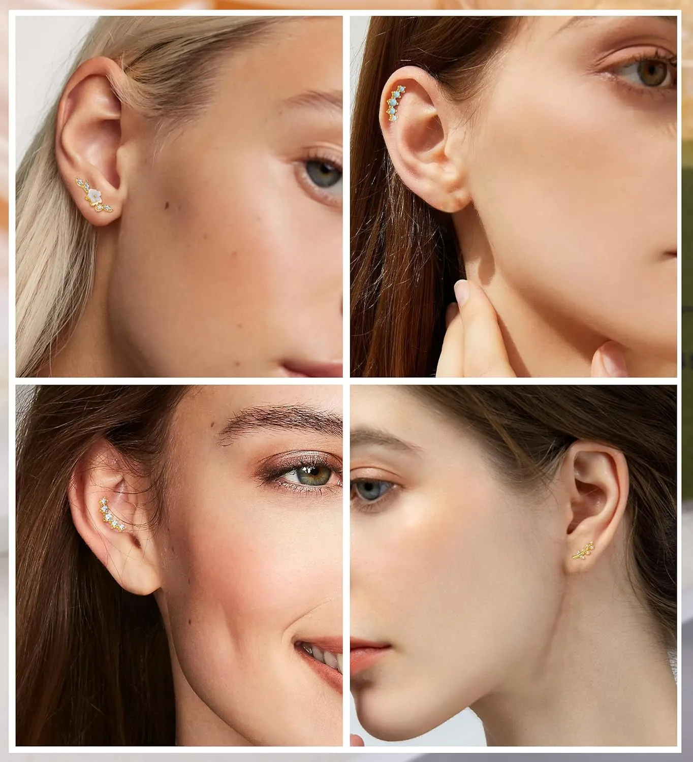 20G Cartilage Earrings for Women 14K Gold Stainless Steel Flat Back Cartilage Stud Earrings for Sensitive Ear Leaf Opal CZ Handmade Helix Conch Piercing Jewelry Gold Leaf
