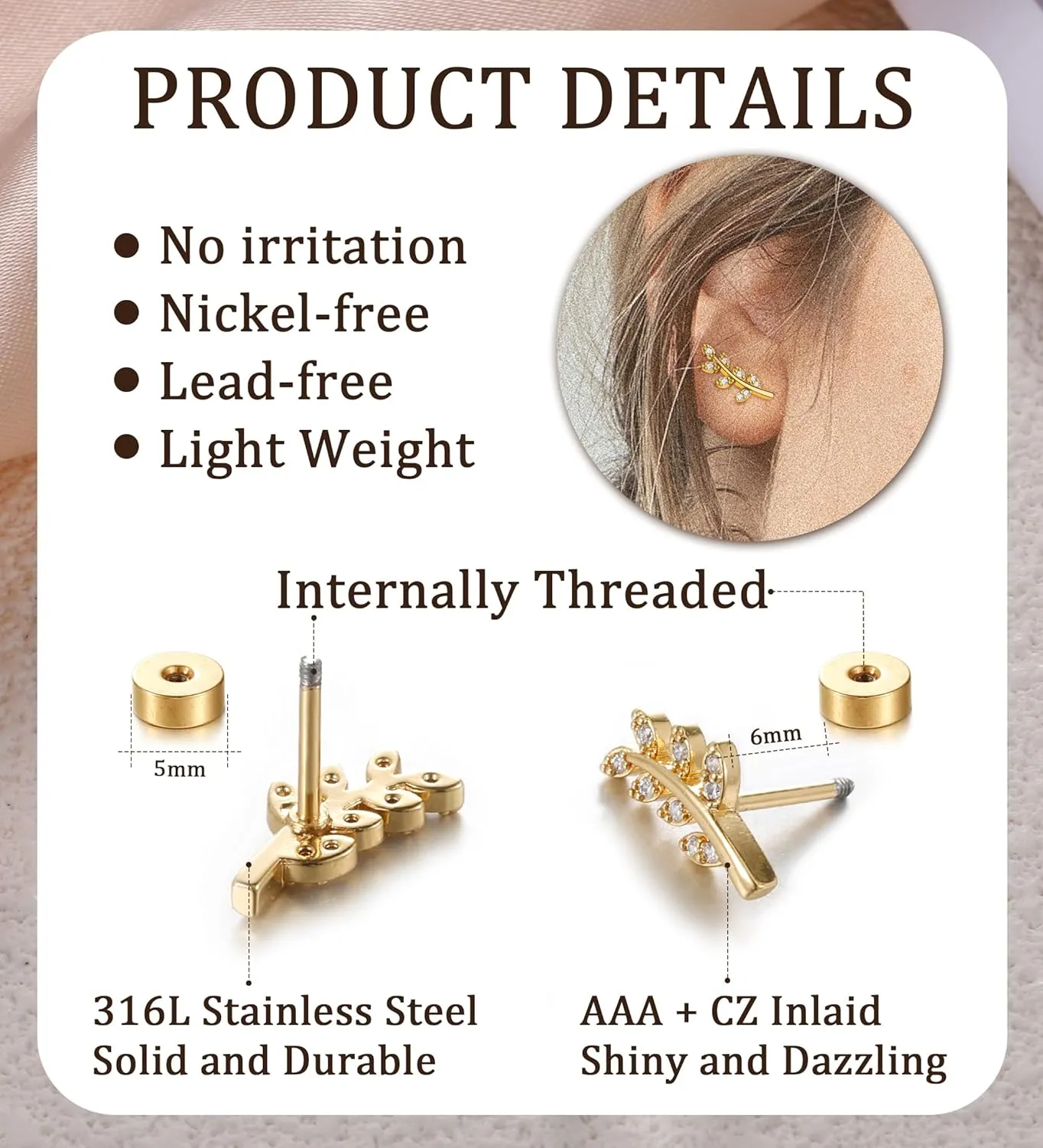 20G Cartilage Earrings for Women 14K Gold Stainless Steel Flat Back Cartilage Stud Earrings for Sensitive Ear Leaf Opal CZ Handmade Helix Conch Piercing Jewelry Gold Leaf