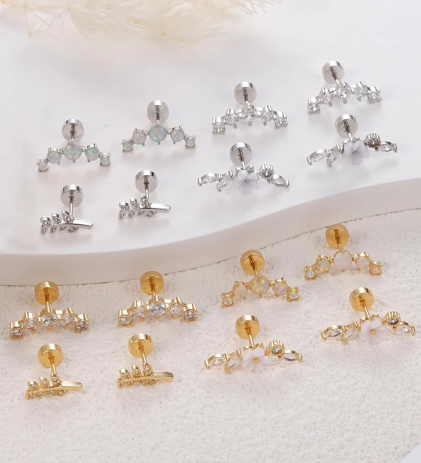 20G Cartilage Earrings for Women 14K Gold Stainless Steel Flat Back Cartilage Stud Earrings for Sensitive Ear Leaf Opal CZ Handmade Helix Conch Piercing Jewelry Gold Leaf