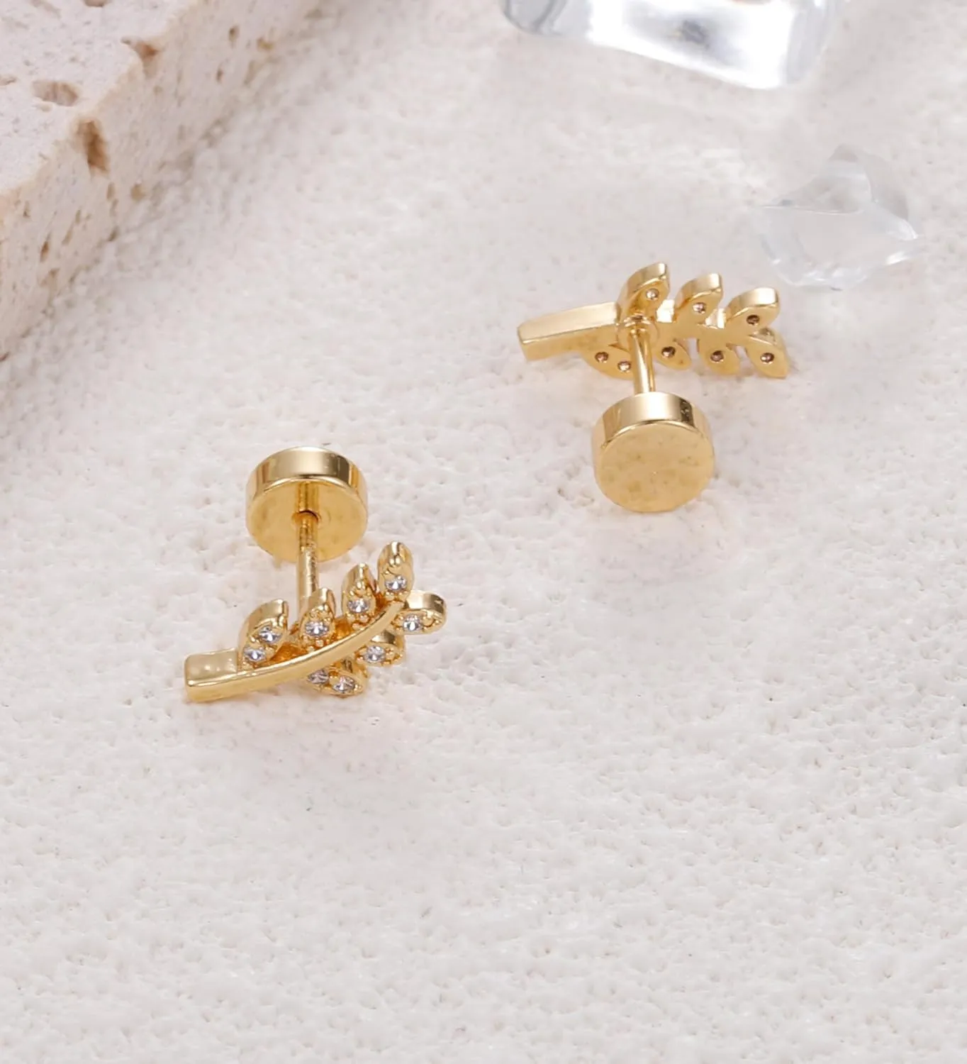 20G Cartilage Earrings for Women 14K Gold Stainless Steel Flat Back Cartilage Stud Earrings for Sensitive Ear Leaf Opal CZ Handmade Helix Conch Piercing Jewelry Gold Leaf