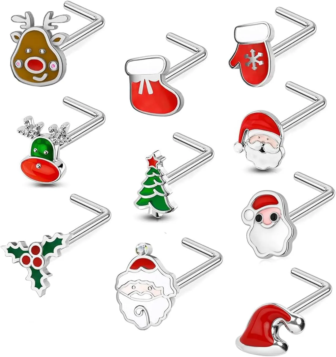 20G Christmas Nose Studs Rings for Women - Stainless Steel Santa Claus, Christmas Tree, Elk L-Shaped Screws - 10Pcs Xmas Piercing Jewelry