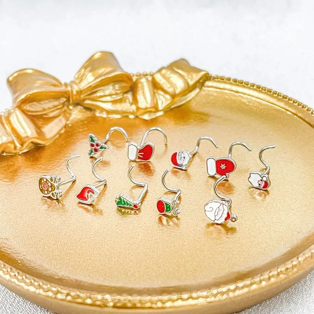 20G Christmas Nose Studs Rings for Women - Stainless Steel Santa Claus, Christmas Tree, Elk L-Shaped Screws - 10Pcs Xmas Piercing Jewelry