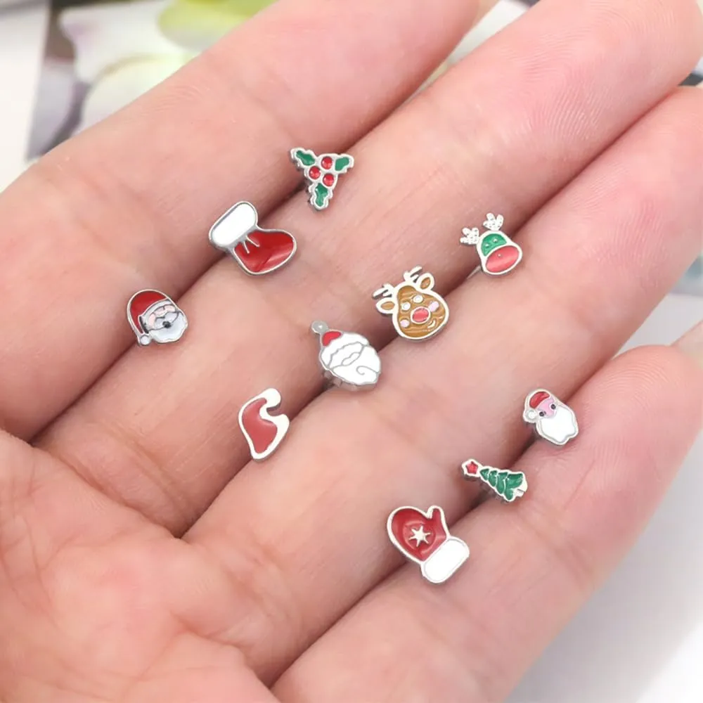 20G Christmas Nose Studs Rings for Women - Stainless Steel Santa Claus, Christmas Tree, Elk L-Shaped Screws - 10Pcs Xmas Piercing Jewelry