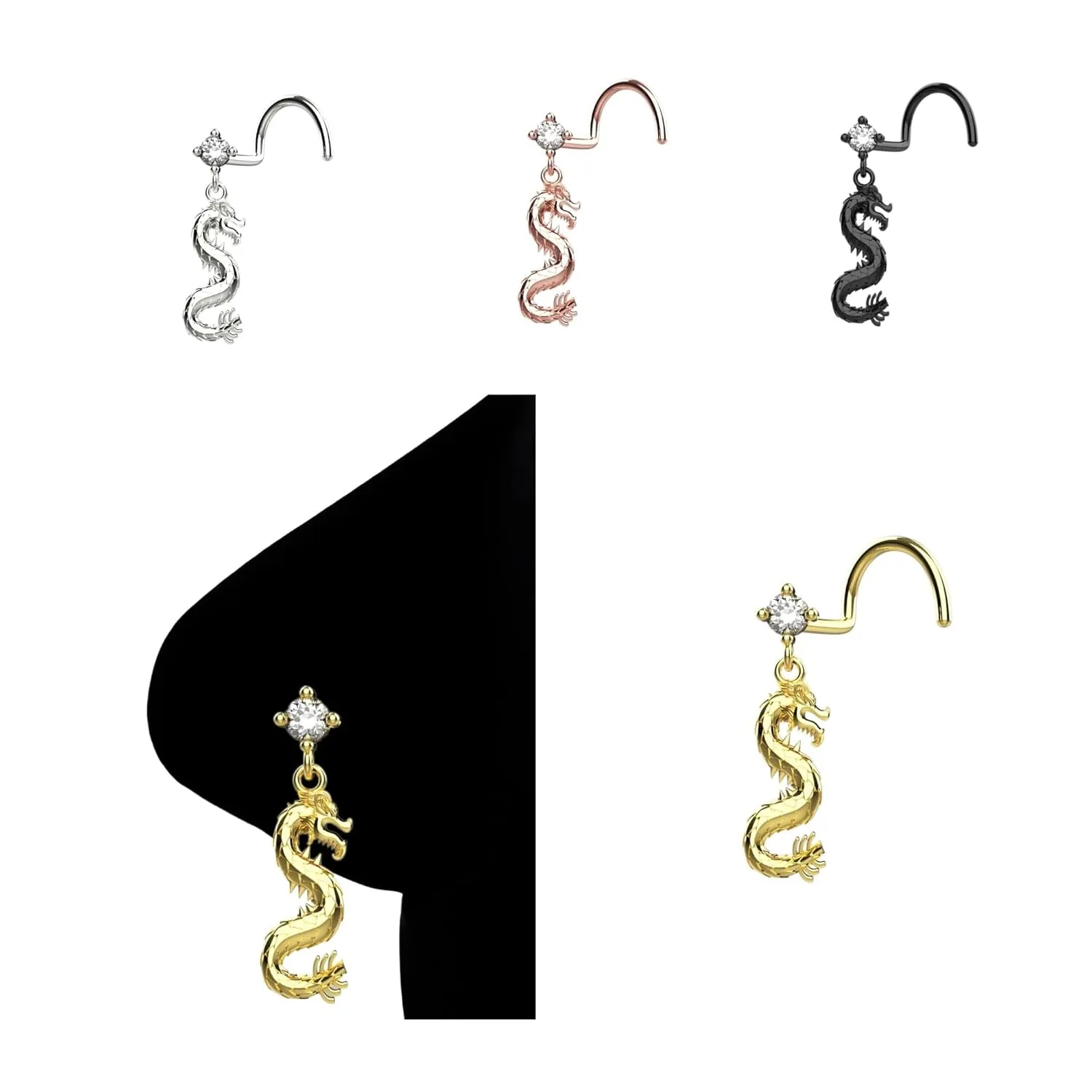 20G Dangle Nose Ring L Bend Nose Ring 18K Gold Plated Dragon Nose Stud Nose Piercing Jewelry